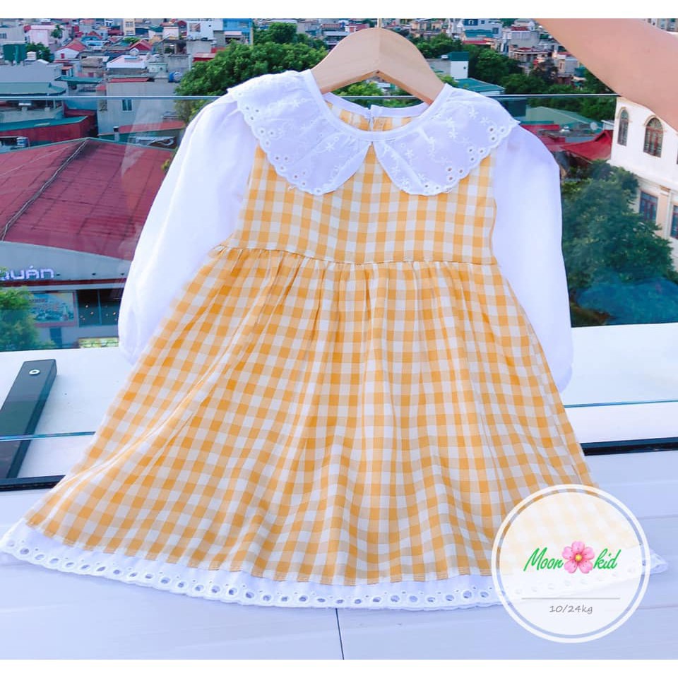 Váy caro cổ tròn chất thô lụa mịn mềm mát cho bé gái V46, Unchi Store