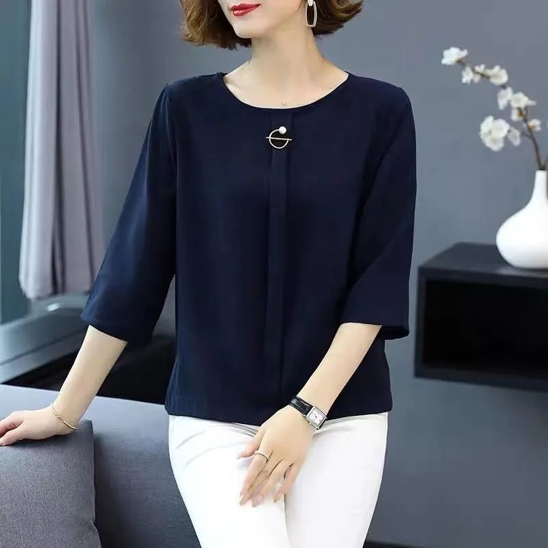 Áo thun tay dài dáng rộng họa tiết kẻ sọc thời trang cho phụ nữ trung niên