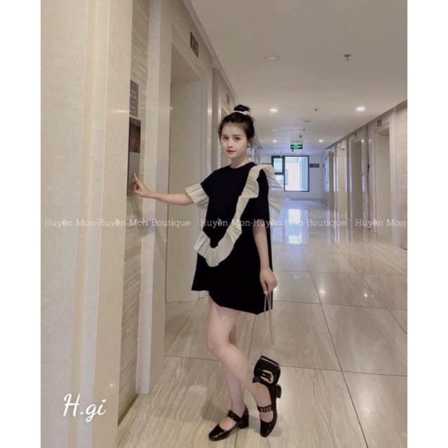 [NEW] Váy Đen Phối Viền Tay Bèo ❤ Áo Váy Dáng Suông Chất Cotton Mềm Mịn Siêu Hot