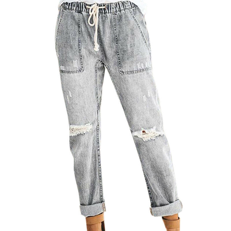 Quần jeans nữ lưng thun ống rộng phong cách retro