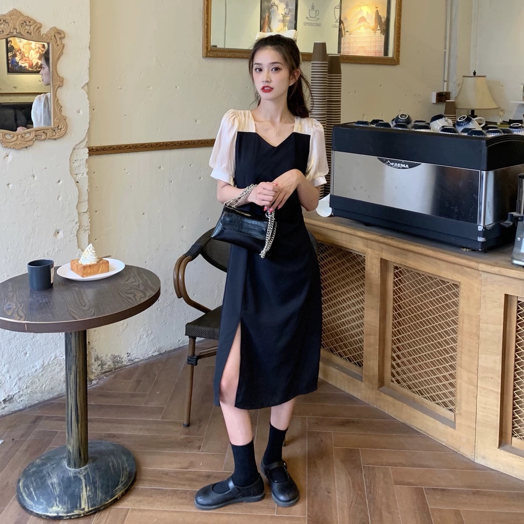 VÁY CHỮ A LIỀN THÂN MÀU ĐEN  PHỐI TAY VOAN BỒNG