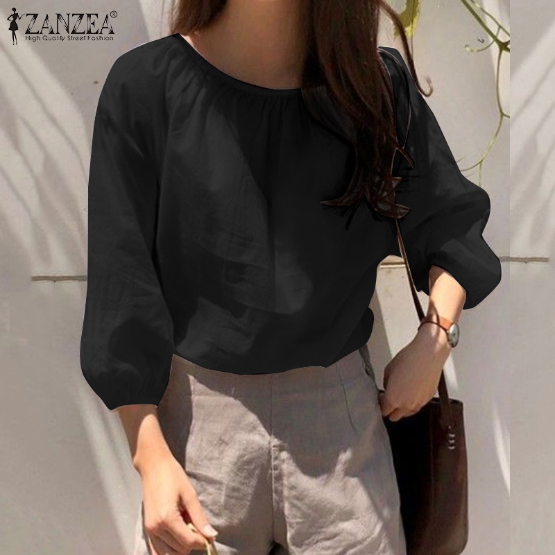 Zanzea Áo Kiểu Tay Phồng 3 / 4 Cổ Tròn Xếp Ly Thời Trang Đường Phố Thanh Lịch Cho Nữ