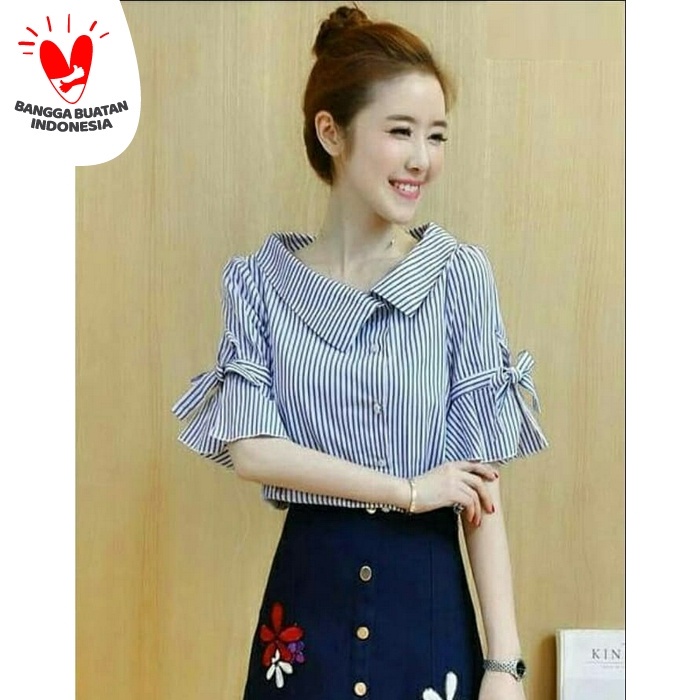 Áo kiểu có dây ruy băng (Marina) kênh màu xanh dương yandet WK778