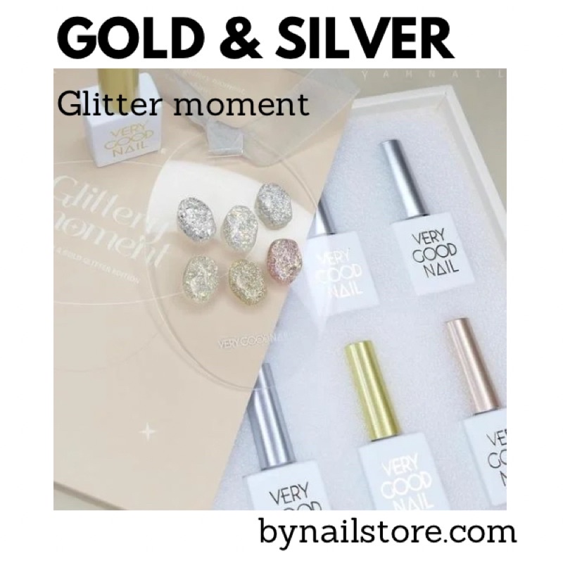 [Verygoodnail] Bộ sản phẩm sơn gel nhũ cao cấp Hàn Quốc Glitter moment collection 1 Gold &amp; Silver (6pcs)