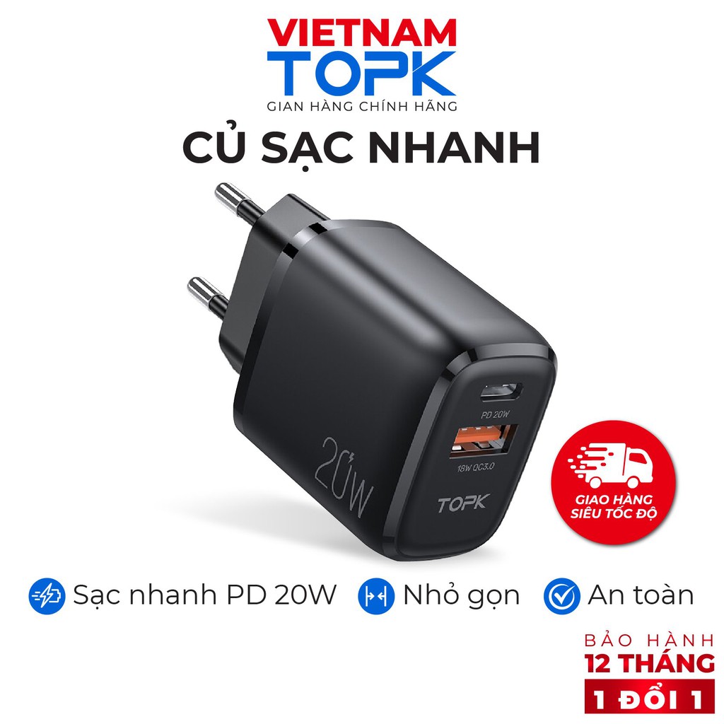 Củ sạc nhanh TOPK B210P Sạc nhanh PD QC 3.0 20W1 Cổng USB 2.0 + 1 Cổng Type C Hàng chính hãng Bảo hành 12 tháng 1 đổi 1