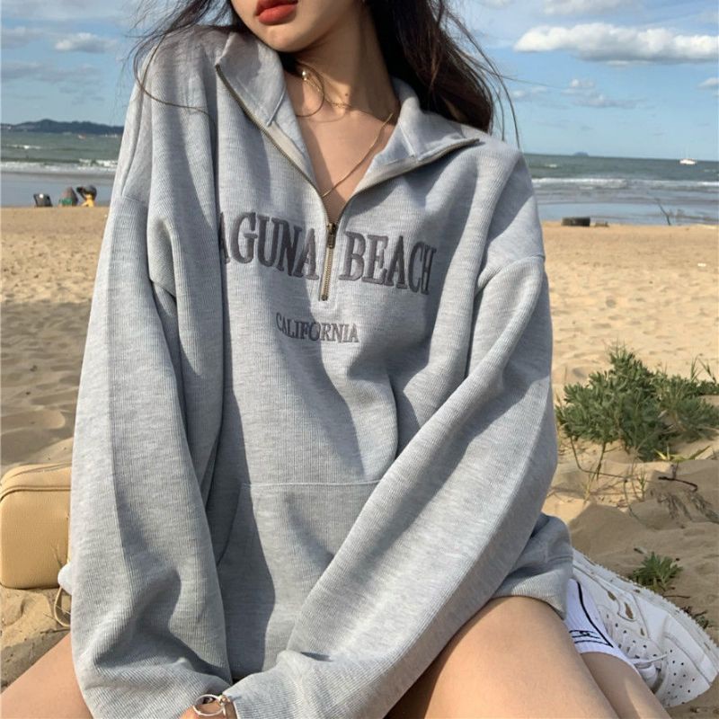 Áo laguna beach cổ kéo khoá chữ thêu chỉ form rộng giấu quần( ảnh thật shop chụp ở cuối)