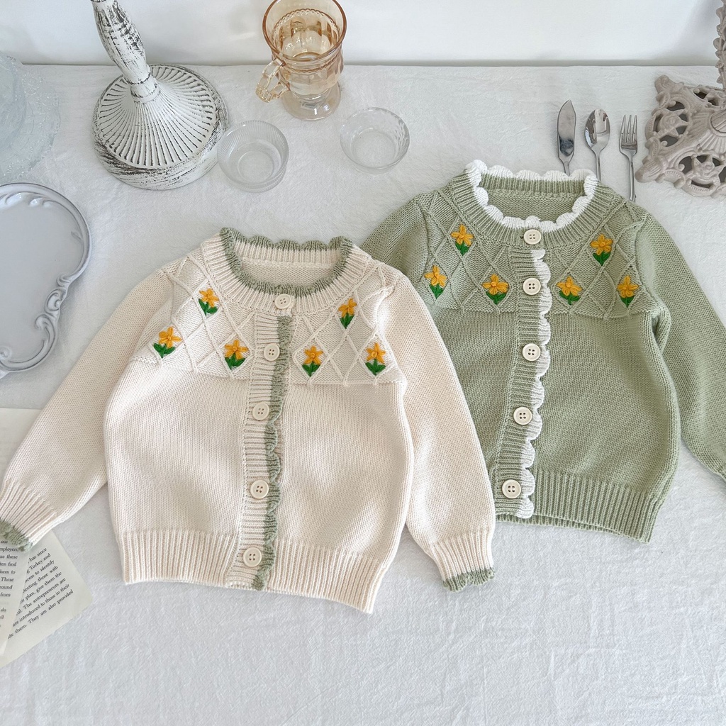 Bộ Áo Liền Quần Đan Len Cotton Tay Dài In Hoa Thời Trang Thu Đông Xinh Xắn Cho Bé Gái 2273