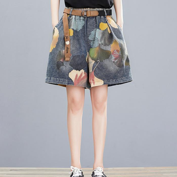 Quần Short Denim Ống Rộng Lưng Thun Co Giãn In Họa Tiết Retro Có Size Lớn Thời Trang Mùa Hè Mới Cho Nữ