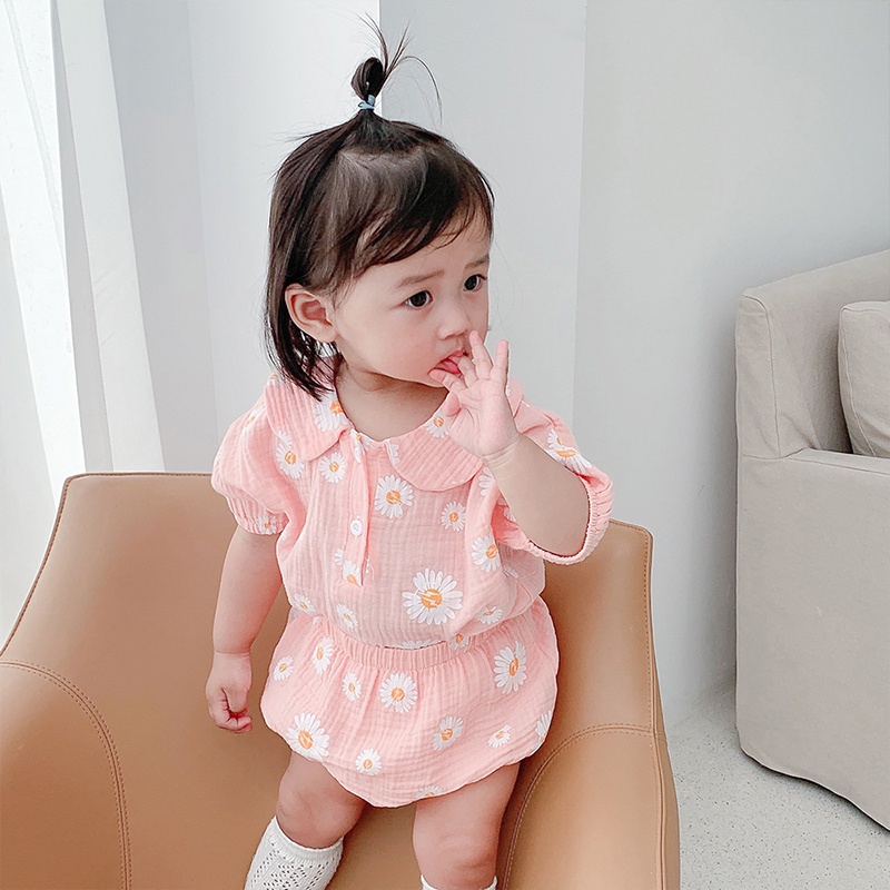 Set Áo Thun + Quần Short cotton Phối Ren Hoa Cúc Xinh Xắn Cho Bé Gái