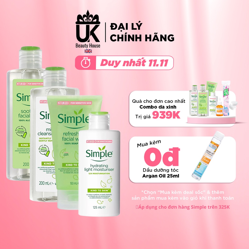 Combo dưỡng da trọn gói dịu nhẹ Simple (Tẩy trang + Sữa rửa mặt + Toner + Sữa dưỡng)