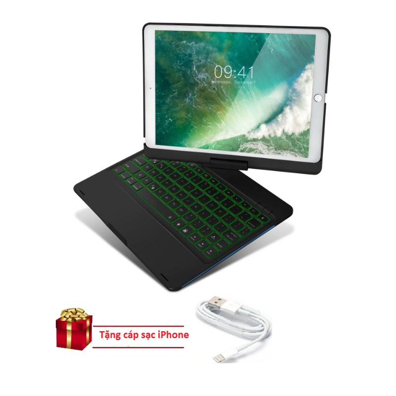 Bàn phím bluetooth kiêm ốp lưng F360 cho iPad Pro 10.5'' xoay 360 độ (Đen) tặng cáp sạc iPhone