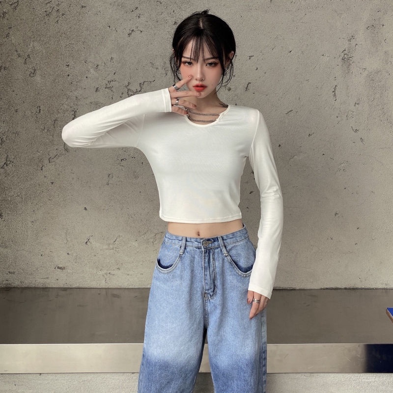 Áo Thun Ngắn Tay Dài Màu Đen Phối Dây Xích Phong Cách Hàn Quốc Cho Nữ