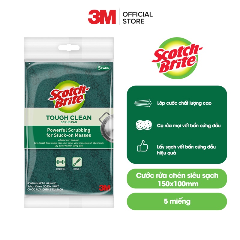 Cước rửa chén siêu sạch Scotch Brite 3M 150x100mm hình chữ nhật đa năng,lấy sạch vết bẩn cứng đầu hiệu quả [Gói 5 miếng]