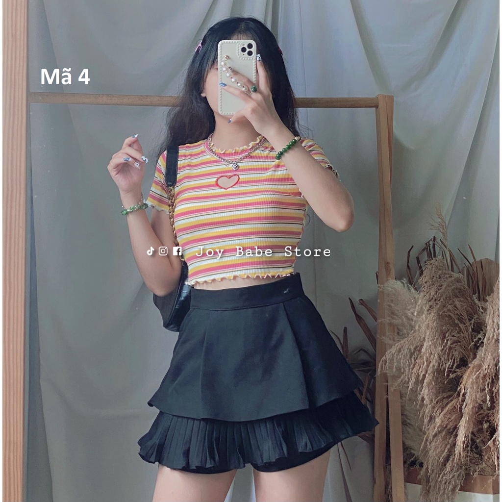 Áo croptop kiểu sọc ngang khoét tim JOY BABE form ôm 💕thun gân xịn co giãn 4 chiều,áo crop top kieu tay ngắn CRON 36 -5F