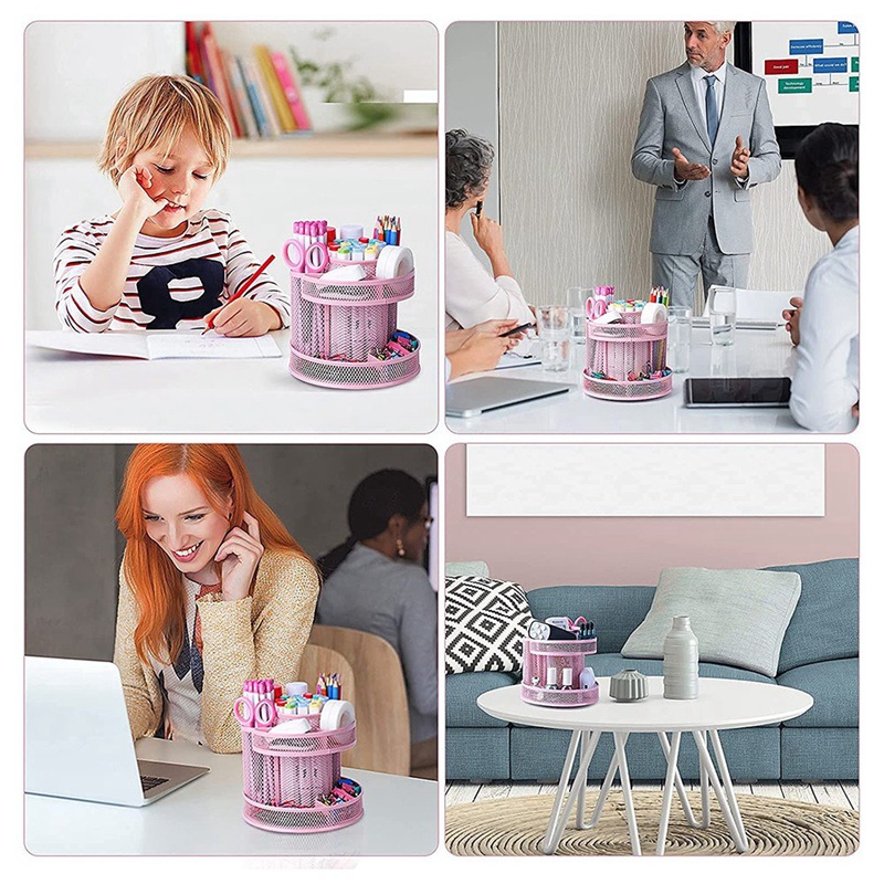 Cute Rotate Desk Organizer Mesh Desk Accessories Pen Holder Spinning Pencil Storage for School Office Supplies - Pink