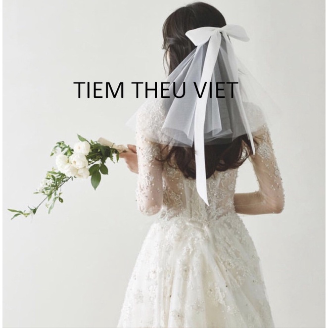 Voan Cài Tóc Cô Dâu Tiệm Thêu Việt Voan Trơn Ngắn Đính Nơ Dài