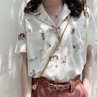 Áo Sơ Mi Nữ Tay Ngắn Cổ Chữ V In Hình Thiên Thần Phong Cách Retro