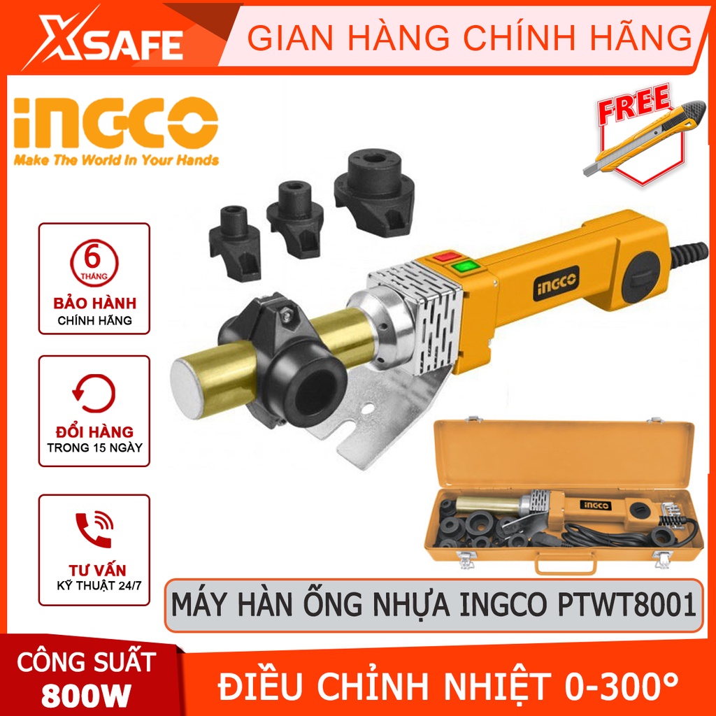 Máy hàn ống nhựa INGCO PTWT8001 Máy hàn nhiệt 800W, điều chỉnh nhiệt từ 0-300 độ, kèm 1 bộ socket nhiệt 16, 20, 25, 32mm