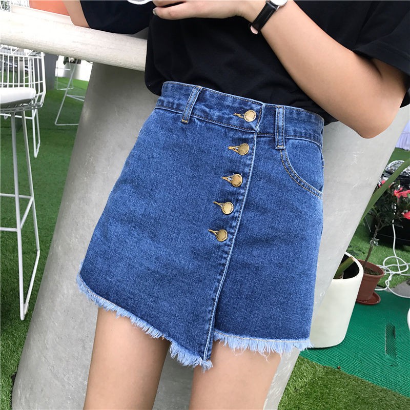 Summer high-waist denim shorts female Korean version loose student raw-edged skirt pants large size wild wide-leg hot t