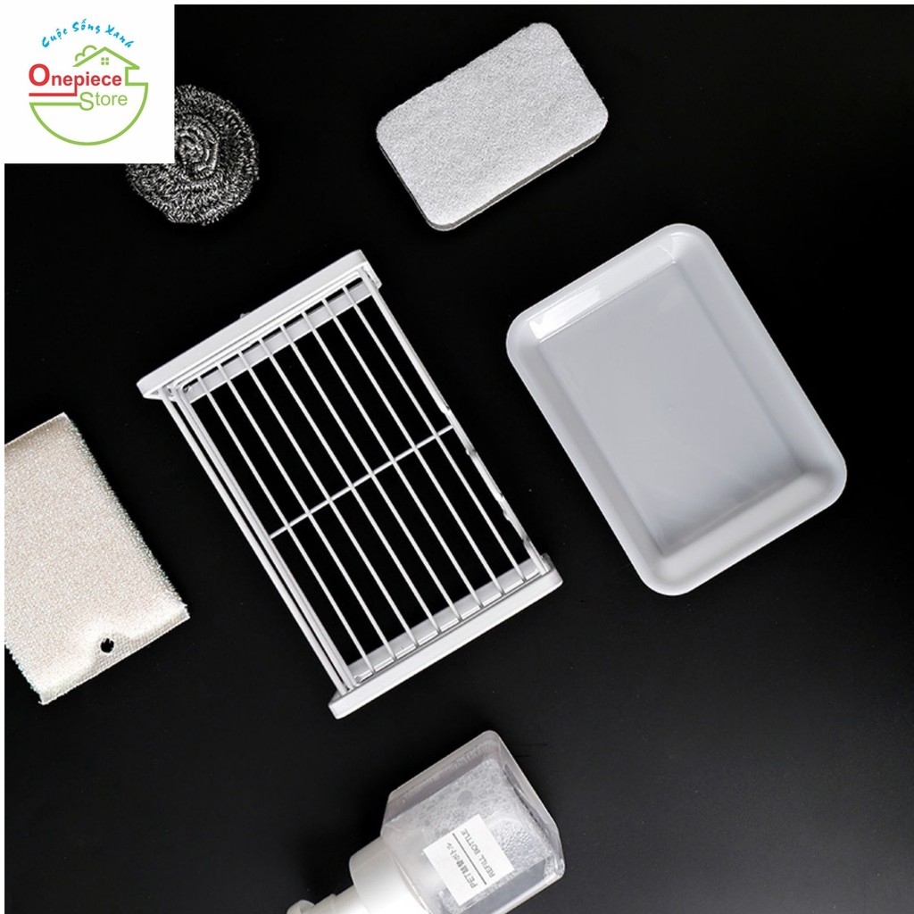 Kệ đựng giẻ rửa chén xà bông rửa tay sơn tĩnh điện màu trắng kèm khay hứng nước cao cấp