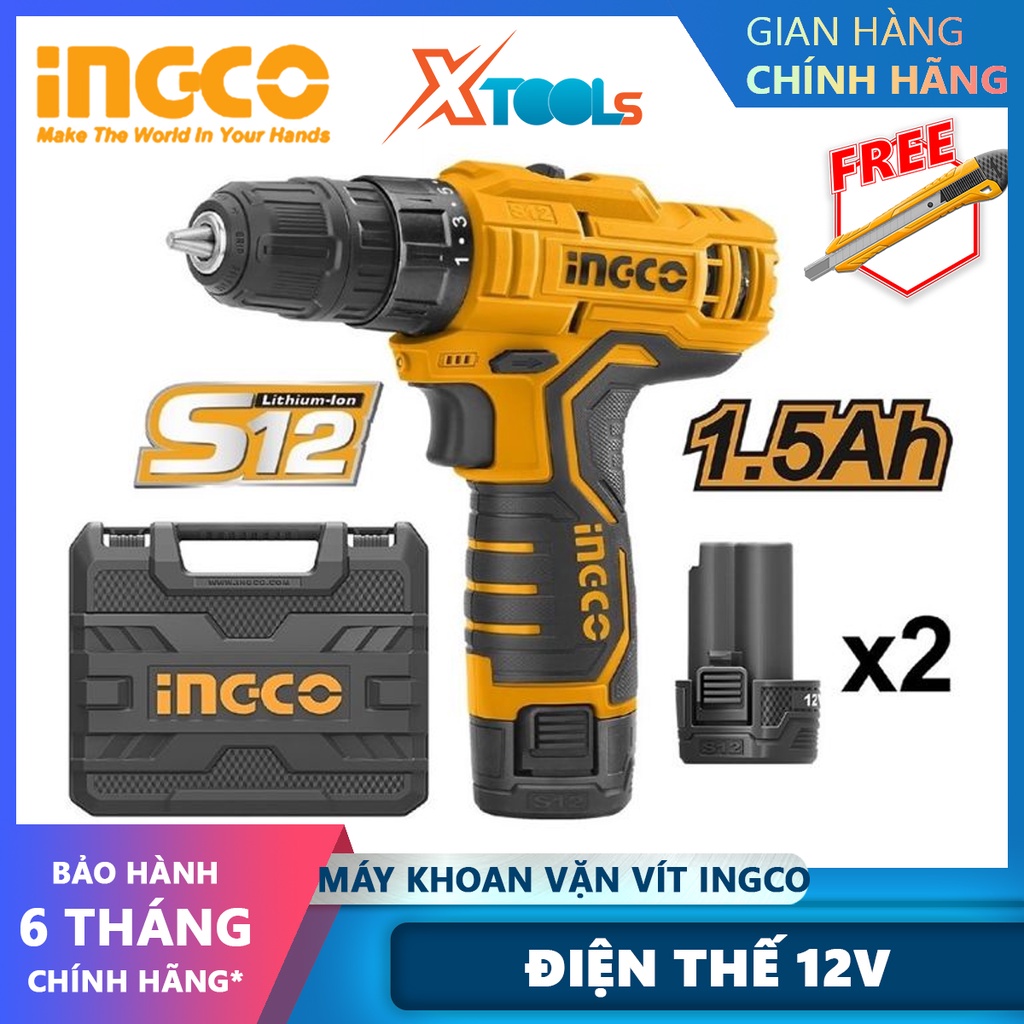 Máy khoan búa dùng pin 12V INGCO CIDLI1232 và máy khoan siết vít CDLI12325 nhông 2 tốc độ, có đèn led kèm 2 pin và 1 sạc