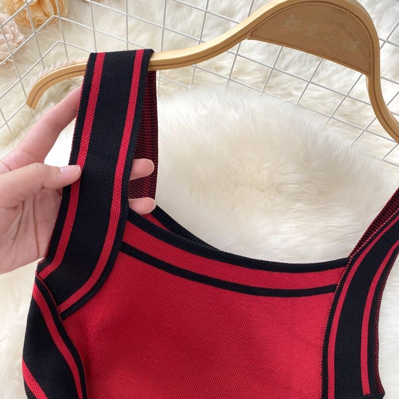 Đầm len body 2 dây phối màu