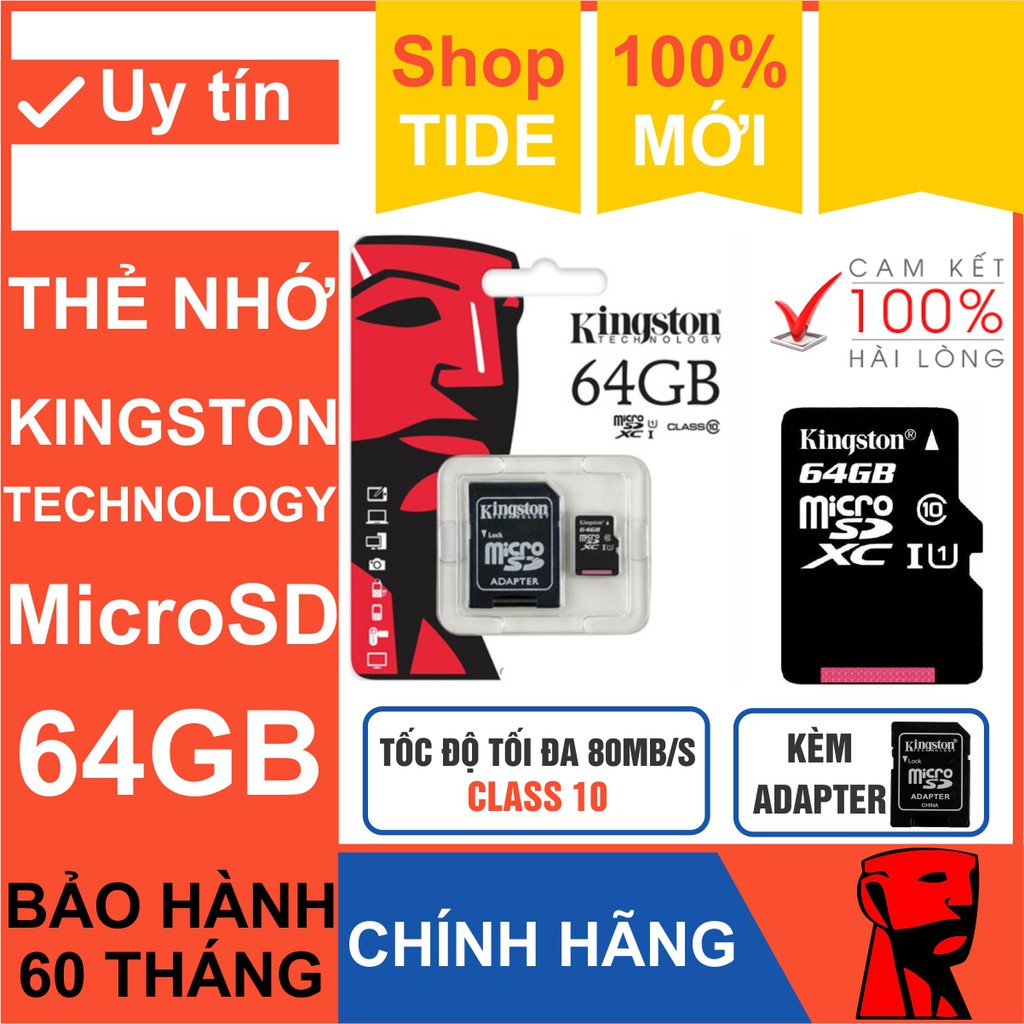 Thẻ nhớ MicroSD Kingston 64GB – MicroSD Class10  – Bảo hành 5 năm – CHÍNH HÃNG – Kèm Adapter