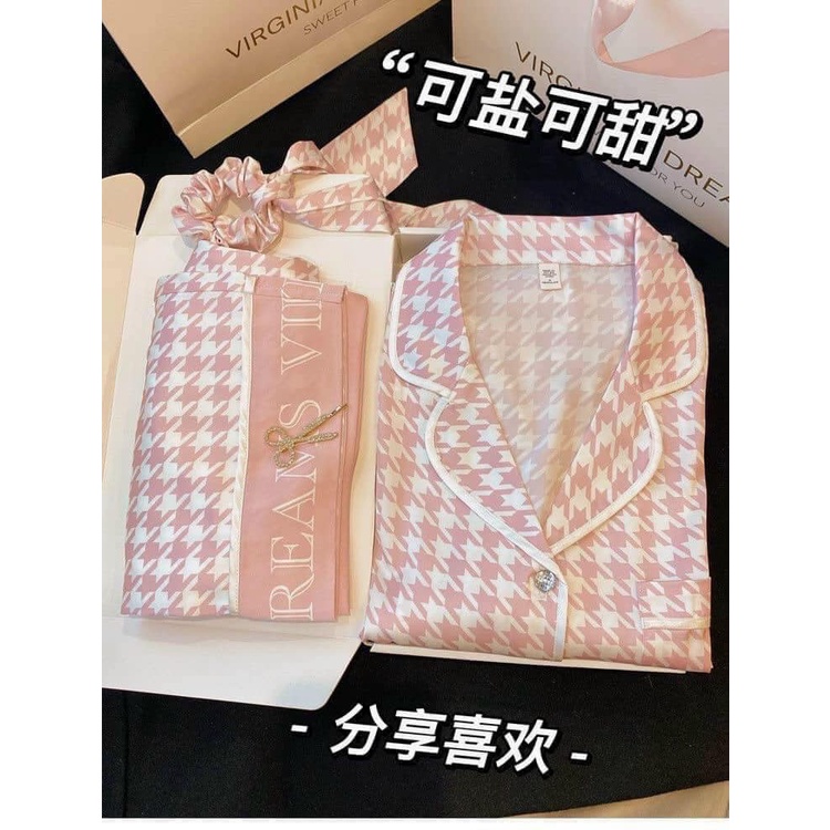 Đồ bộ pyjama dài tay thu đông mặc nhà nữ họa tiết ziczac cao cấp đồ ngủ lụa satin cao cấp (tặng kèm nơ buộc tóc ) | BigBuy360 - bigbuy360.vn