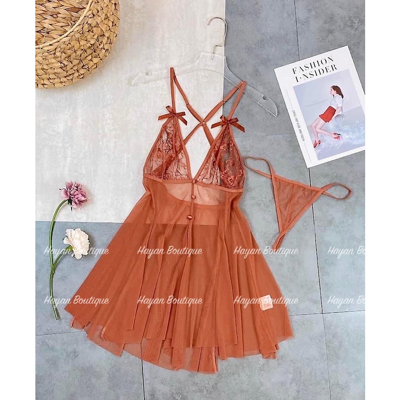 HT177 Váy ngủ sexy ren xuyên thấu tặng CHÍP, đồ ngủ xẻ ngực dáng xoè che bụng HT177