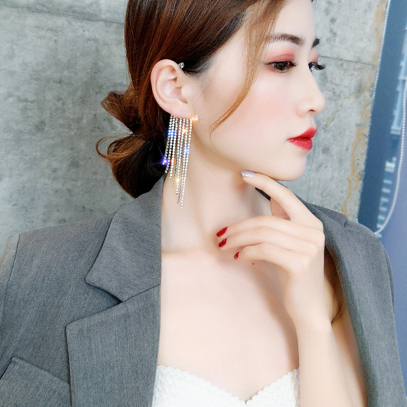 Korean Fashion Temperament Full Diamond Tassel Earrings