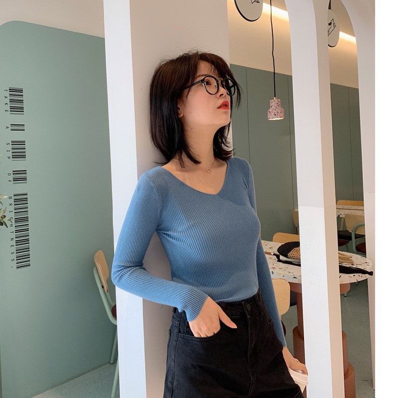 Áo len tăm cổ tim nữ tính, áo len mỏng cổ V ôm body siêu chất | BigBuy360 - bigbuy360.vn