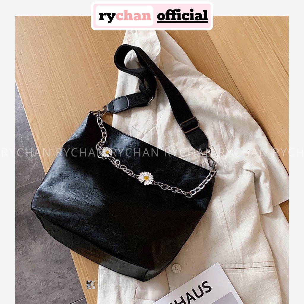 Túi Tote Trơn Đeo Vai Đeo Chéo Phối Dây Xích Hoa Cúc Hai Màu - RY341