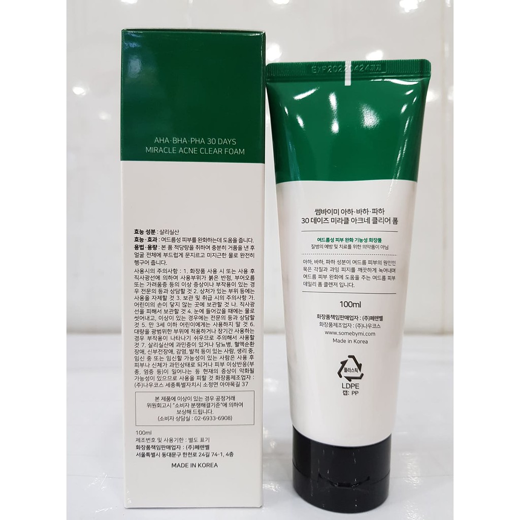 Sữa Rửa Mặt Ngăn Mụn SOME BY MI AHA-BHA-PHA 30 Days Miracel Acne Clear Foam 100ml Hàn Quốc
