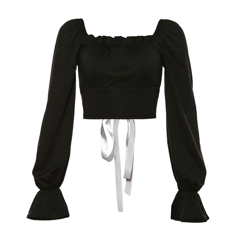 Áo croptop cổ vuông tay dài cột dây phong cách quyến rũ cho nữ