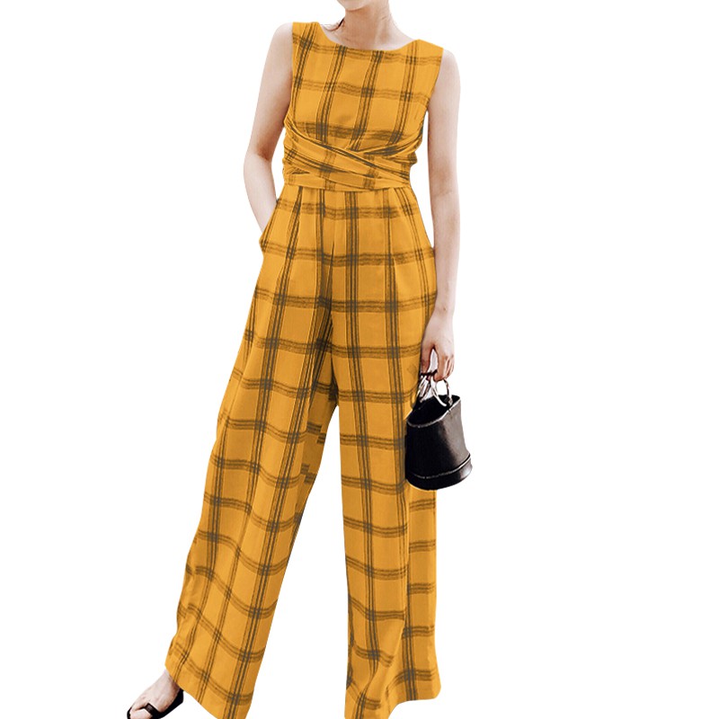 CELMIA Women Summer Casual Check Round Neck Sleeveless Baggy Long Jumpsuit