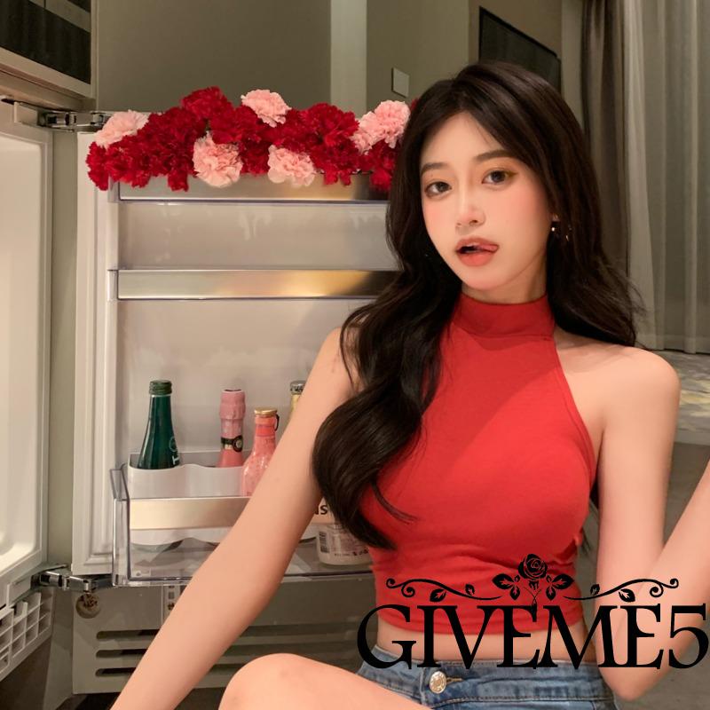 Áo Croptop Sát Nách Hở Lưng Thắt Nơ Màu Đỏ Trơn Quyến Rũ Cho Nữ