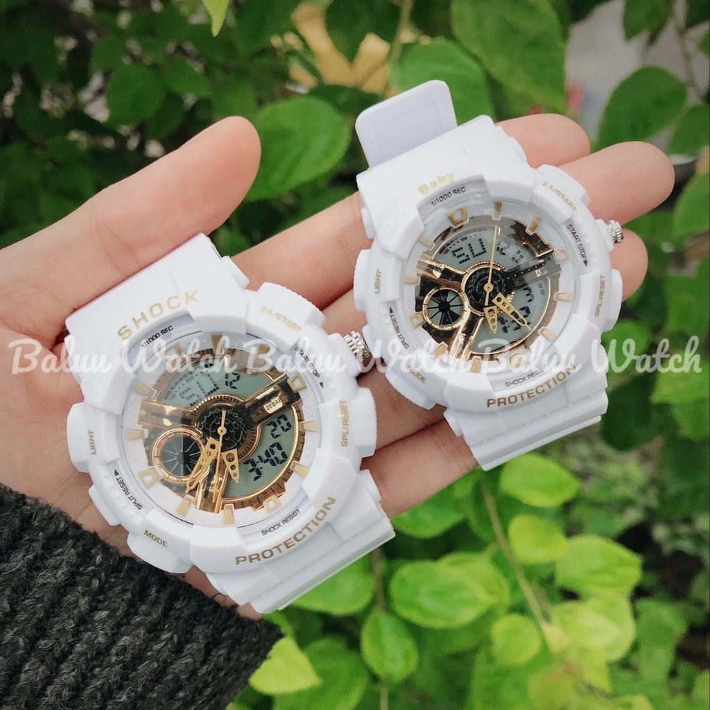 Đồng hồ thể thao nam nữ kim điện tử - GA220 trắng 3 kim vàng