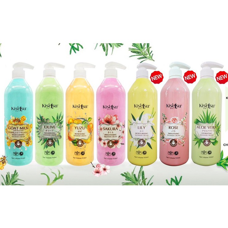 Sữa tắm sáng da dưỡng ẩm, chống lão hoá Kisetsu 950ml (Anh Đào, Hồng, LiLy, Aloe Vera, Sữa Dê Ong Chúa, Olive, YuZu)