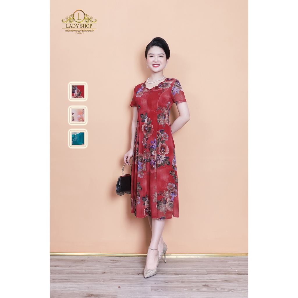 Đầm thun lưới cổ hoa kết đá Ladyshop thời trang trung niên cao cấp TK931