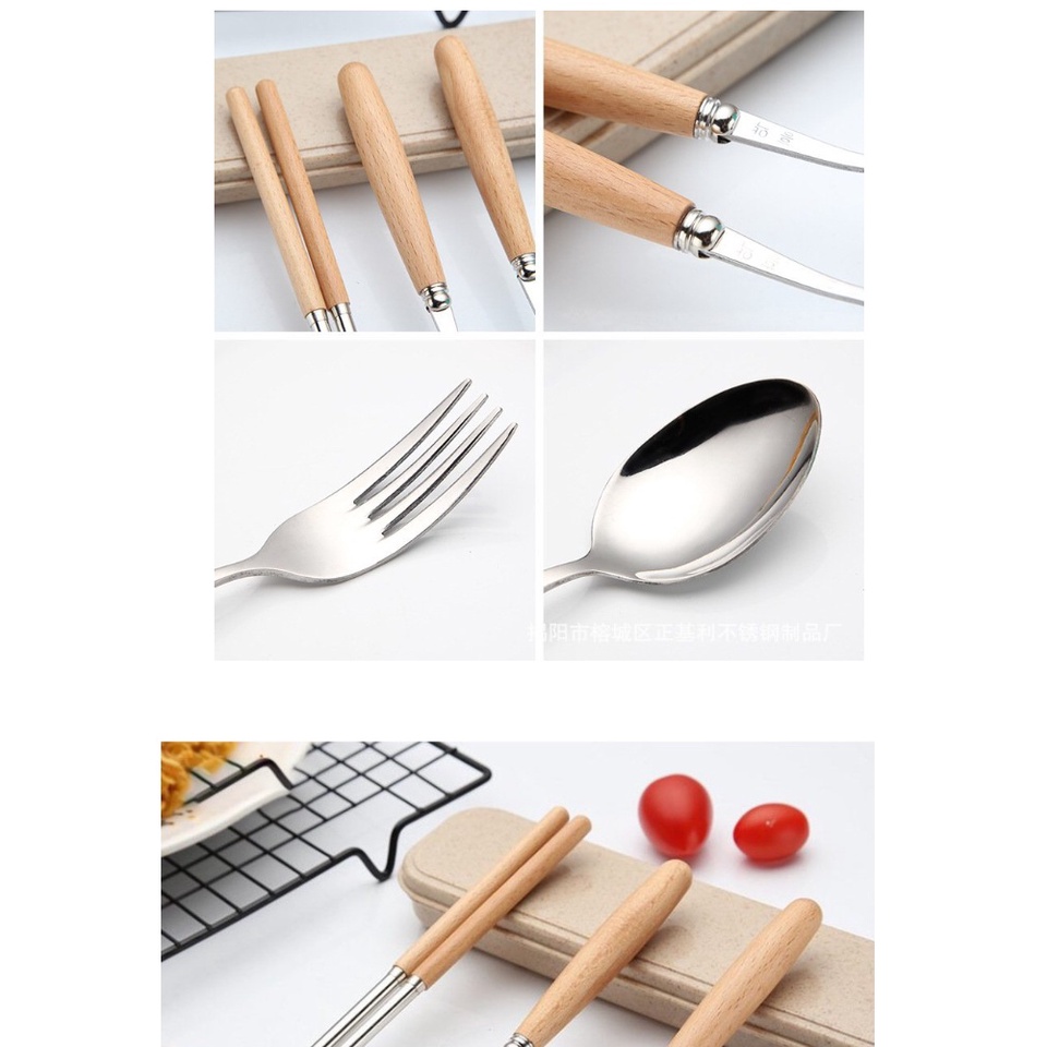 Bộ thìa, đũa, dĩa chất liệu inox, cán gỗ sang trọng tặng kèm hộp đựng cao cấp