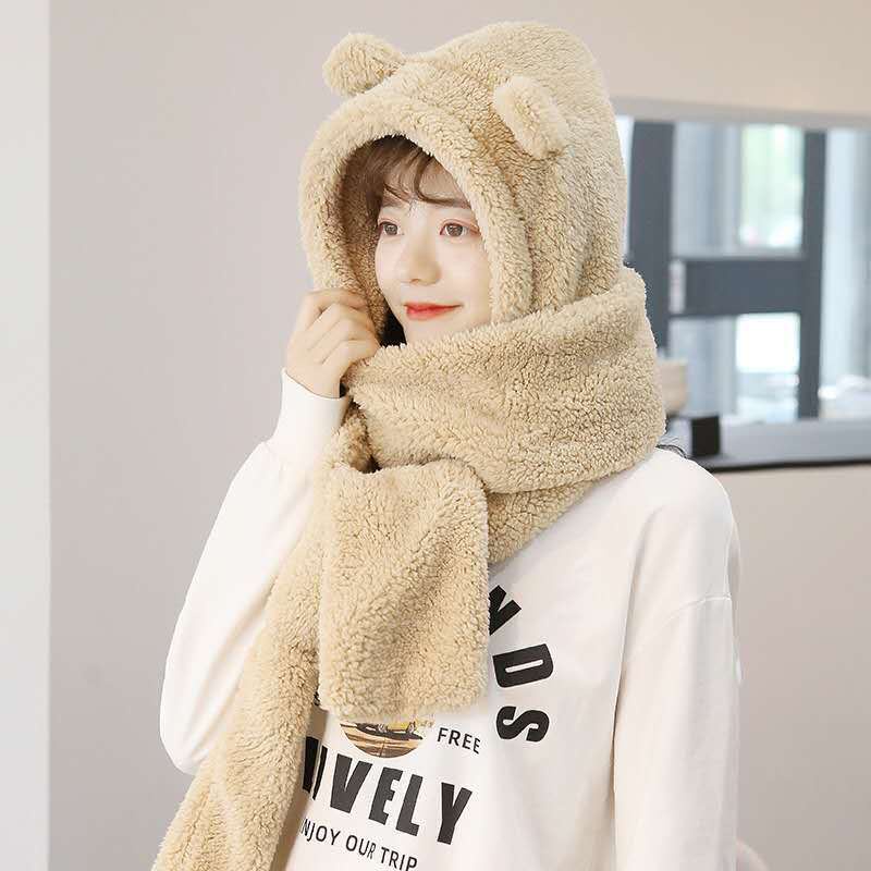 Mũ len, mũ lông cừu tai gấu kèm khăn quàng cổ và găng tay ấm áp - Hàng Cao Cấp nhập khẩu Hàn Quốc