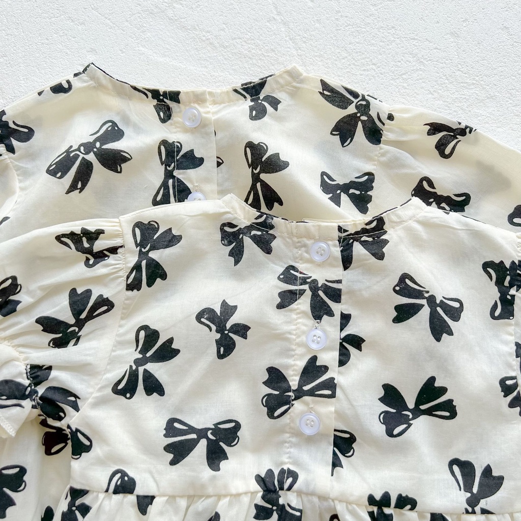 Áo Liền Quần Bằng Cotton In Họa Tiết Thắt Nơ Phong Cách Phương Tây Thời Trang Xuân Hè 2023 Mới Cho Bé Gái