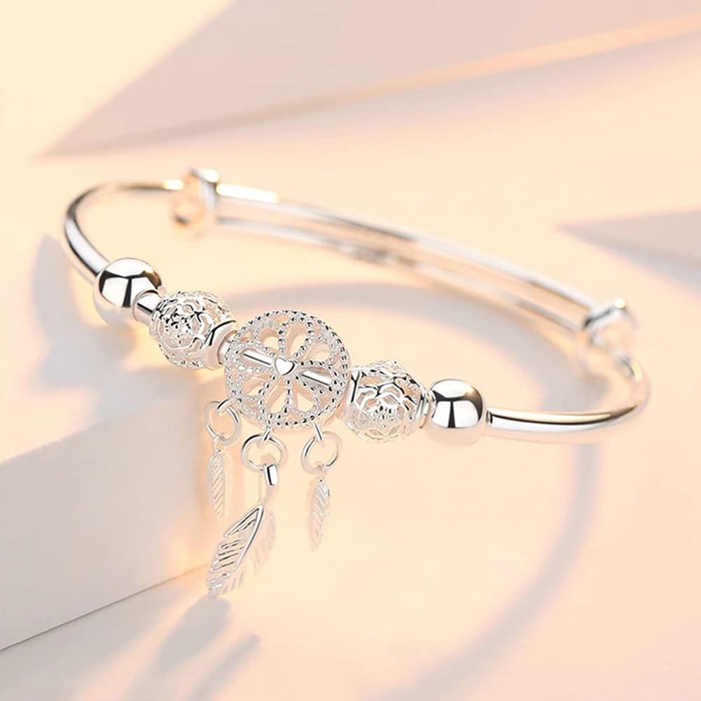 Vòng Đeo Tay Bạc Sterling Hình Lưới Bắt Giấc Mơ Tua Rua Lông Vũ Thời Trang Cho Nữ