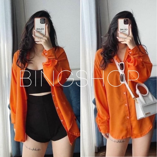 Áo sơ mi nữ dài tay Bingshop màu cam dáng trơn basic