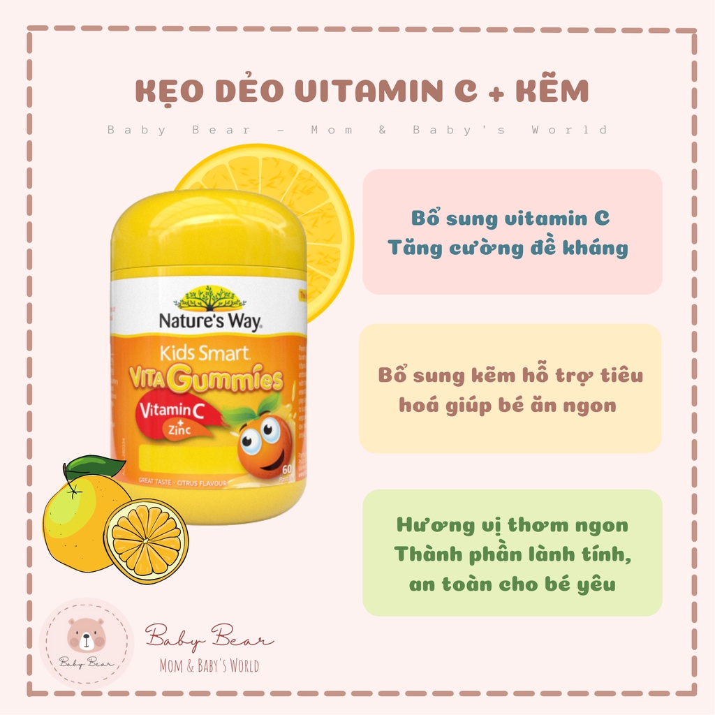 KẸO DẺO NATURE'S WAY - BỔ SUNG VITAMIN C + KẼM DATE 04/2023