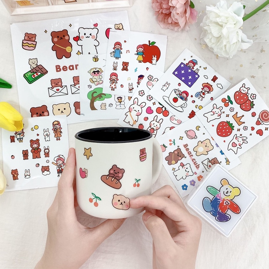 Sticker hình vẽ gấu thỏ cún cute trang trí sổ tay, ốp điện thoại, DIY, hình dán các con vật dễ thương nhiều màu sắc