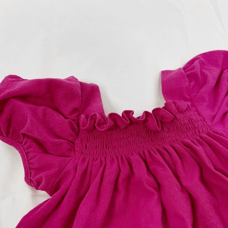 Váy đầm bé gái hồng cánh sen tay bồng, cổ vuông phong cách Hàn Quốc hè 2022