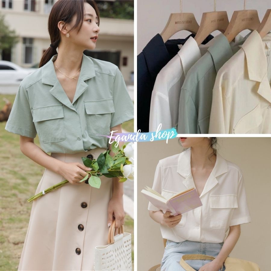 Áo sơ mi nữ cổ vest cộc tay oversize 2 túi ngực, Áo sơ mi nữ cổ vest tay ngắn trơn thiết kế 2 túi nắp ngực Hàn Quốc