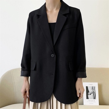 Áo khoác blazer dáng rộng màu đen trơn kiểu Hàn Quốc cho nữ