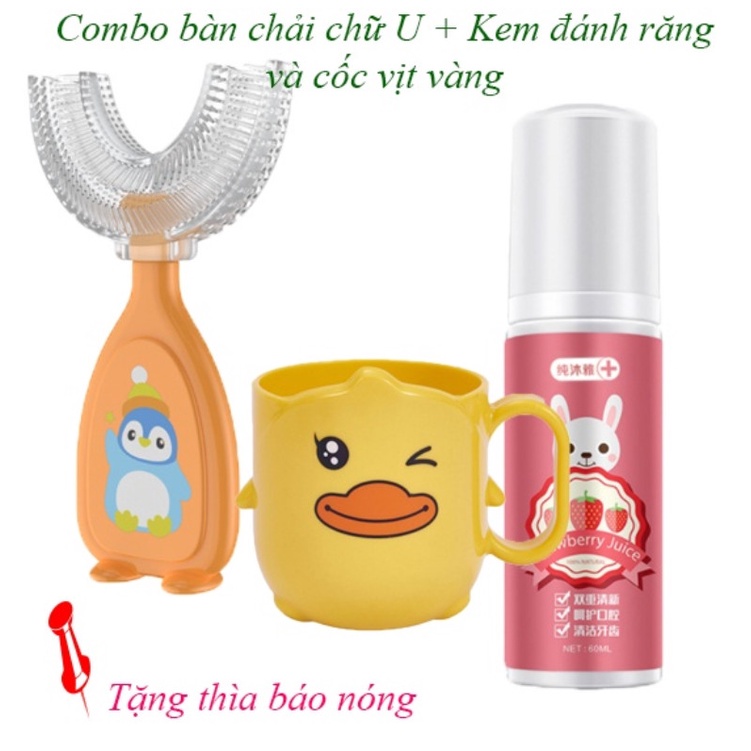 Combo bàn chải đánh răng chữ u cho bé + kèm đánh răng tạo bọt nuốt được + cốc vịt vàng cho bé VINKID